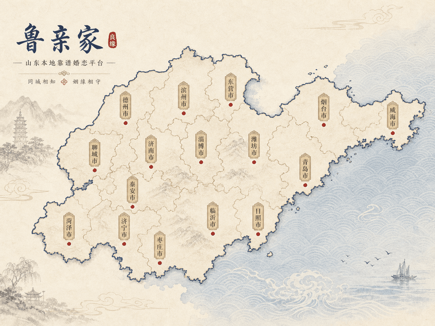 山东16市地图插画